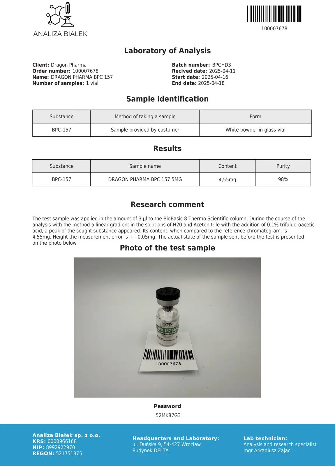 BPC 157 Certificate of Analysis