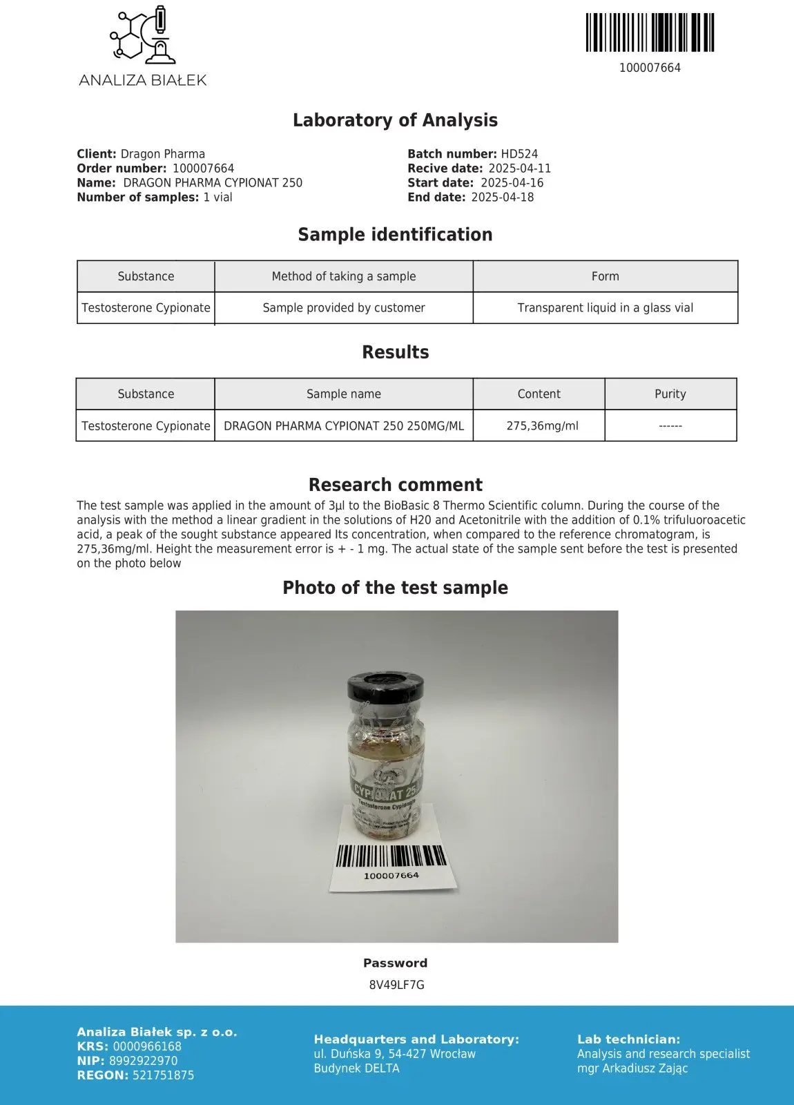 Product 2 Certificate of Analysis
