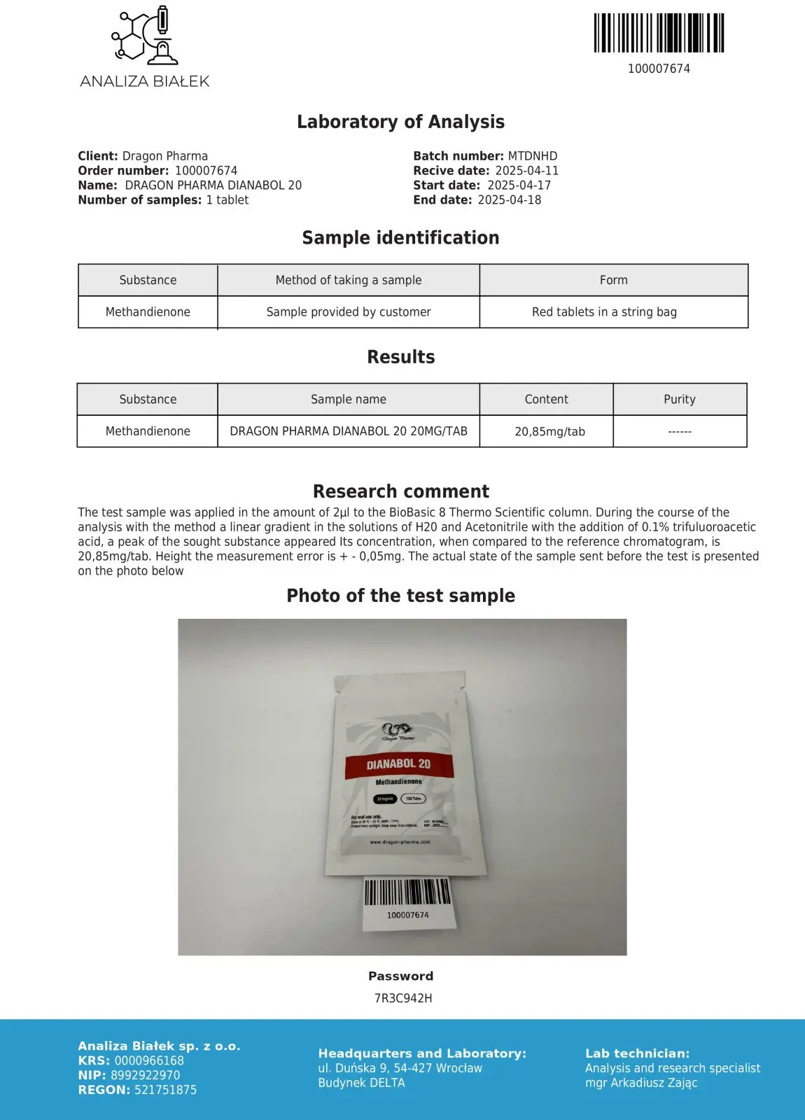 Dianabol 20 Certificate of Analysis