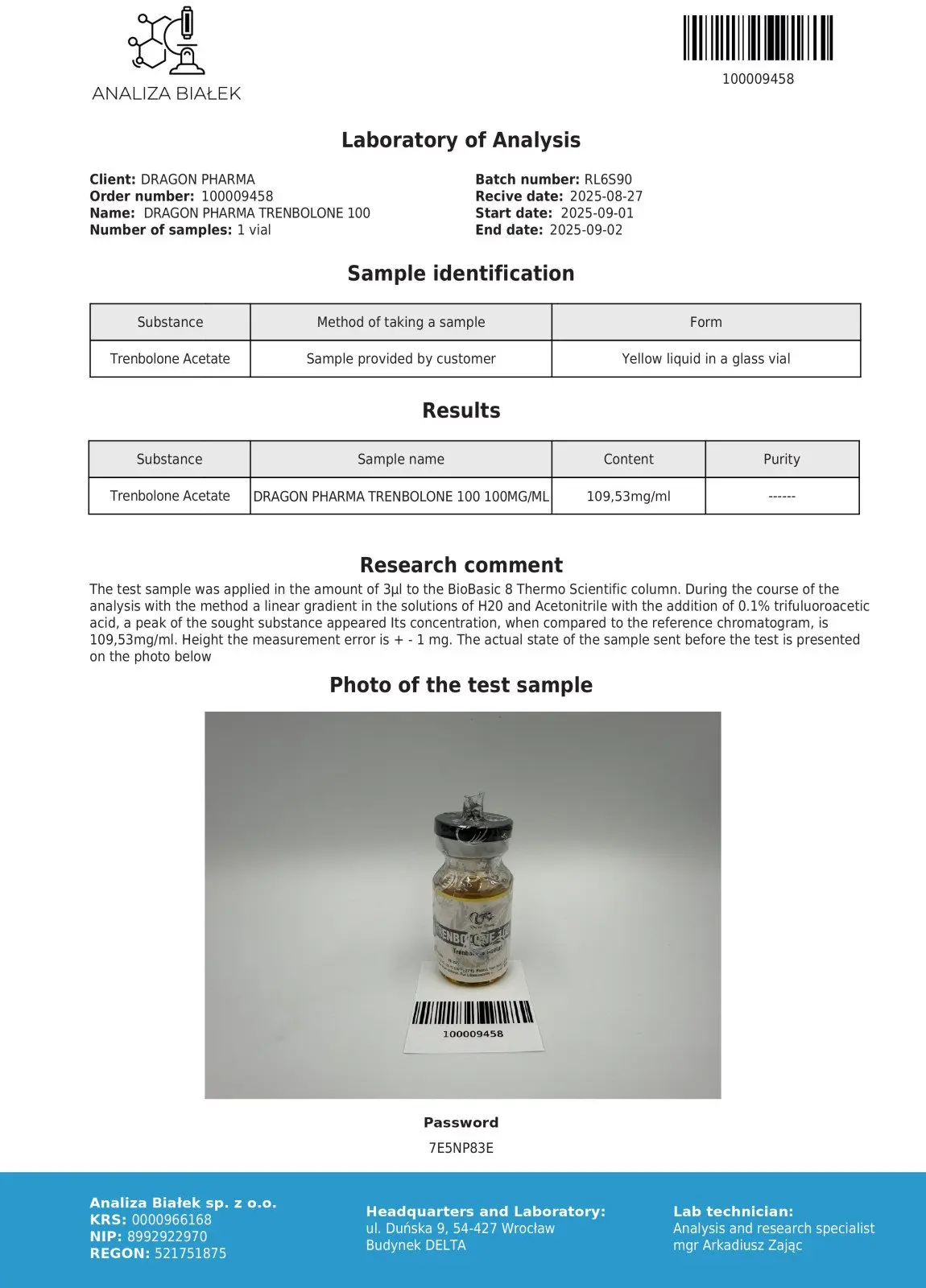 Trenbolone 100 Certificate of Analysis
